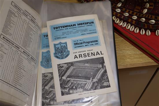 A large collection of Tottenham Hotspur memorabilia including programmes, official season handbooks, ticket stubs and a rattle,